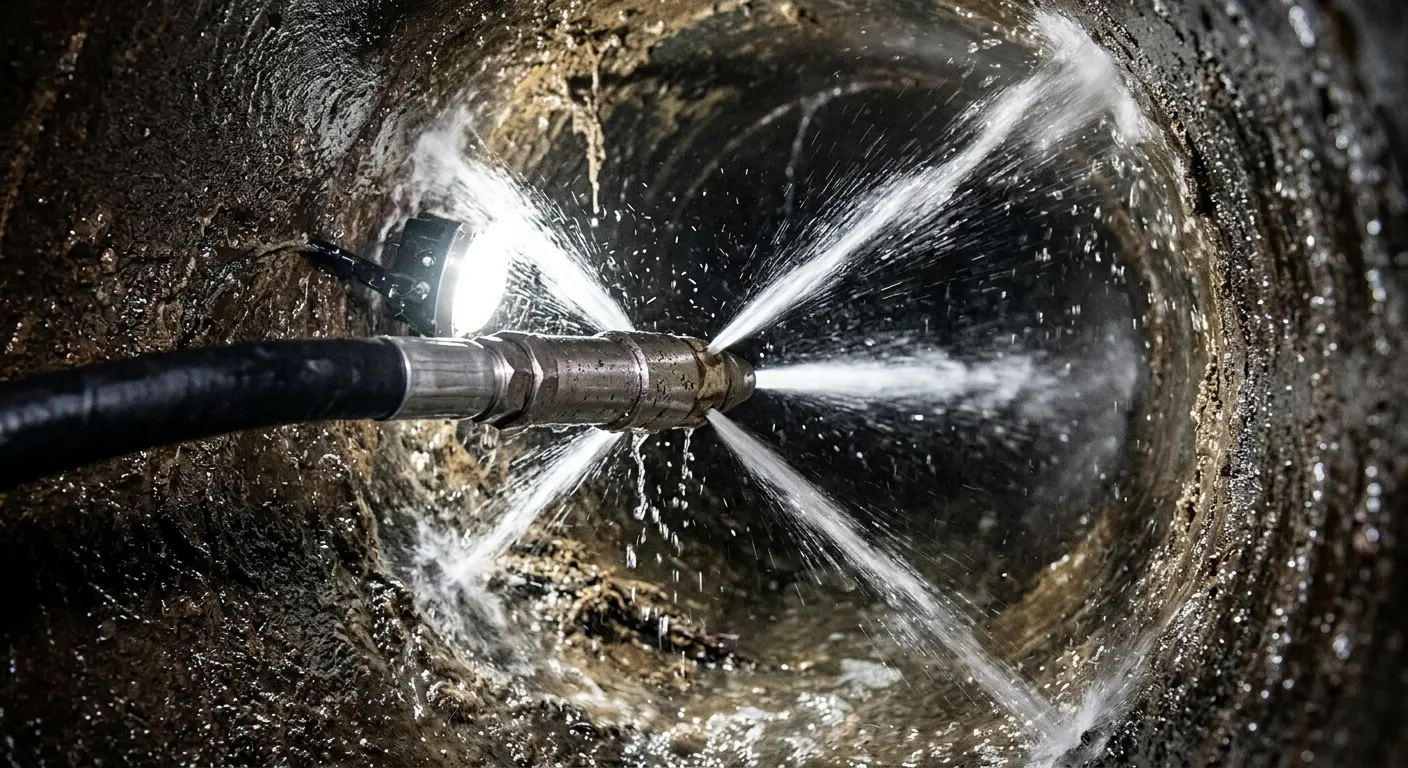 High-pressure hydro jetting nozzle cleaning sewer pipe for Trenchless Sewer Repair in Graham